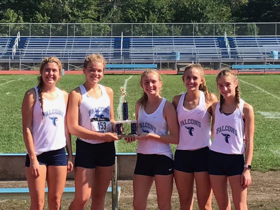 (From left to right) Varsity runners Sarah Jones, Hallie Mills, Triniti Spurgeon, Selah Campbell and Emma Hendrix place 3rd of 20 schools at the Highland Invitational (Photo provided by Mike Armstrong).