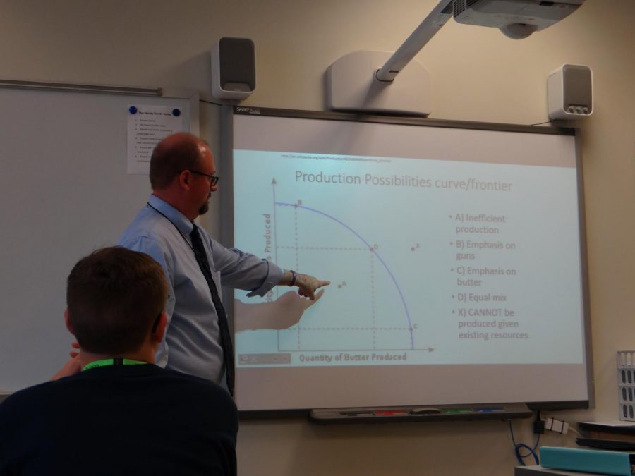 Mr. Tim Dye teaches his economics class about the Production Possibilities Curve (Photo by Ximena Alaniz).