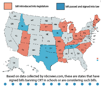 Based on data collected by nbcnews.com, these are states that have signed bills banning CRT in schools or are considering such bills.