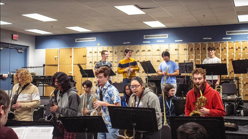 The jazz band practices for their upcoming Winter Jazz Cafe on Saturday.