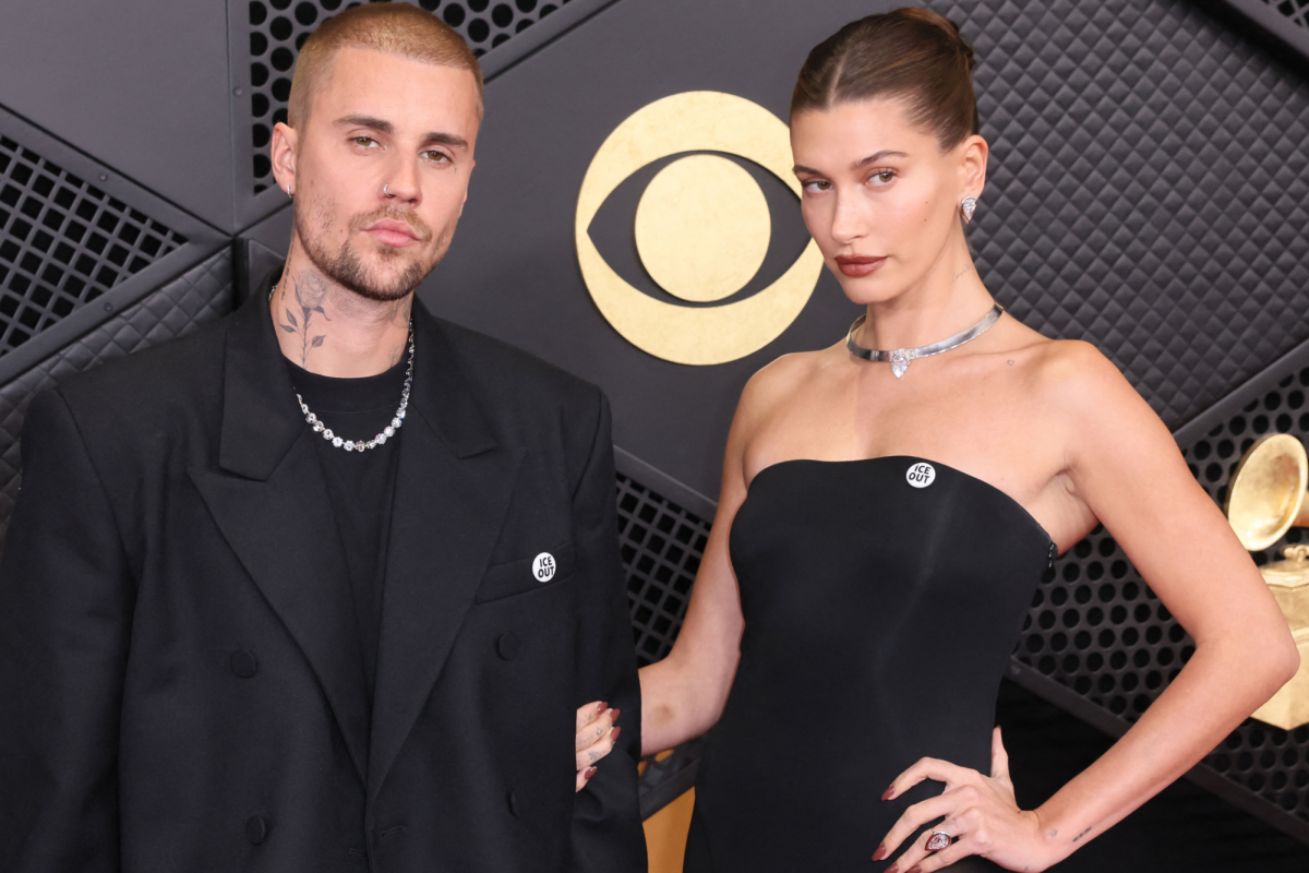 The 'Ice Out' pins worn by Justin Bieber and Hailey Bieber. 